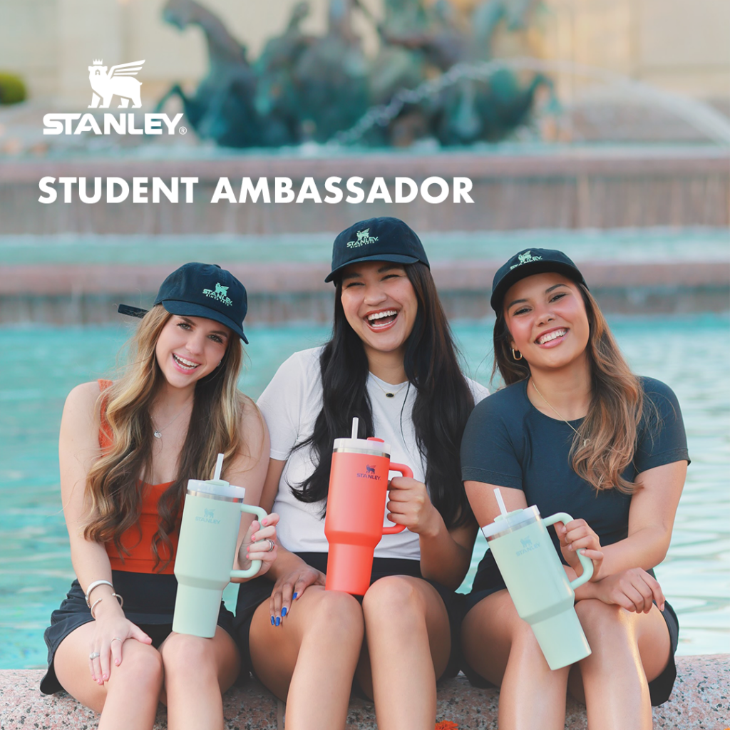 Stanley University student ambassador image with three girls smiling and holding Stanley Quenchers.